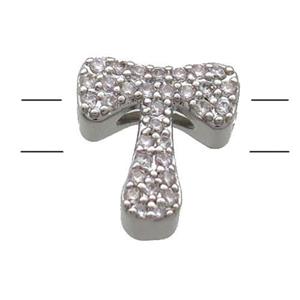 Copper Alphabet Beads Pave Zircon Letter-T 2holes Platinum Plated, approx 10-13mm