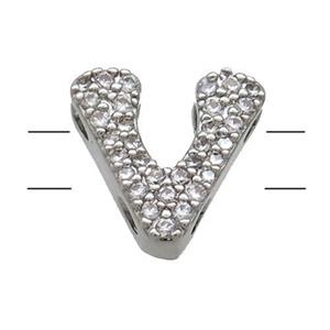 Copper Alphabet Beads Pave Zircon Letter-V 2holes Platinum Plated, approx 10-13mm