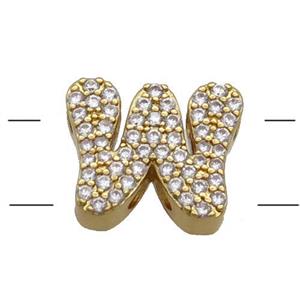 Copper Alphabet Beads Pave Zircon Letter-W 2holes Gold Plated, approx 10-13mm