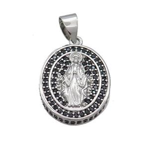 Copper Jesus Pendant Pave Black Zircon Oval Platinum Plated, approx 16-19mm