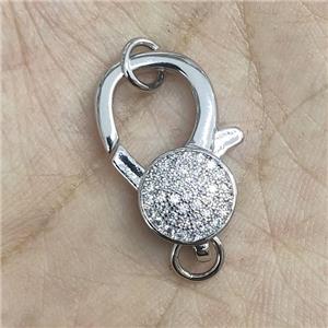 Copper Lobster Clasp Pave Zircon Platinum Plated, approx 10-22mm