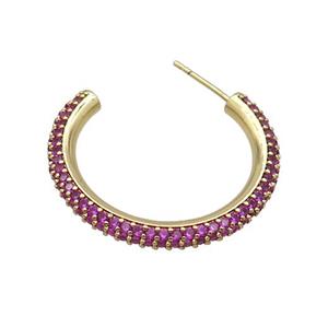 Copper Stud Earring Pave Hotpink Zircon Gold Plated, approx 30mm