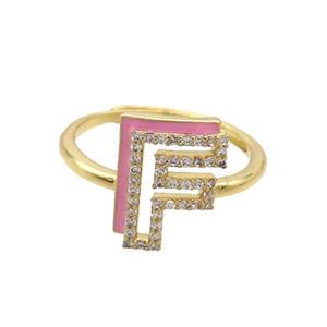 Copper Ring Pave Zircon F-Letter Adjustable Enamel Gold Plated, approx 10-14mm, 18mm dia