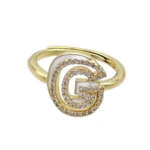 Copper Ring Pave Zircon G-Letter Adjustable Enamel Gold Plated, approx 10-14mm, 18mm dia