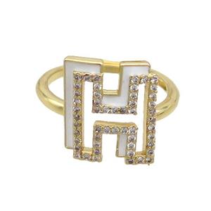Copper Ring Pave Zircon H-Letter Adjustable Enamel Gold Plated, approx 10-14mm, 18mm dia