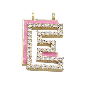 Copper Pendant Pave Zircon Pink Enamel Letter-E 2loops Gold Plated, approx 15-16mm