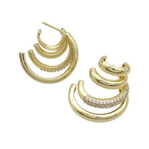 Copper Stud Earrings Pave Zircon Gold Plated, approx 13-24mm