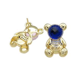 Copper Bear Stud Earrings Pave Zircon Crystal Glass Gold Plated, approx 13.5-20mm