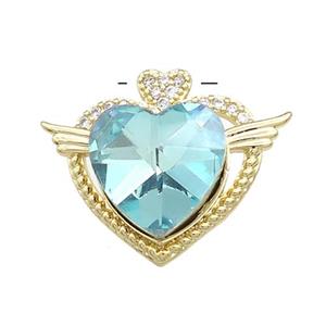 Copper Heart Pendant Pave Crystal Glass Zircon Angel Wings Gold Plated, approx 14mm, 21-25mm