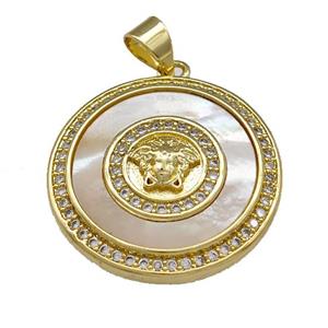 Medusa Charms Copper Circle Pendant Pave Shell Zirconia 18K Gold Plated, approx 22mm