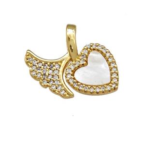 Copper Heart Pendant Pave Shell Zirconia Shark-Tail 18K Gold Plated, approx 15-18mm