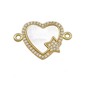 Copper Heart Connector Pave Shell Zirconia Star 18K Gold Plated, approx 17mm