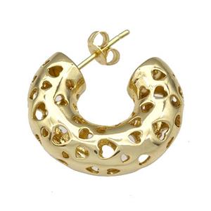 Copper Stud Earrings Hollow Heart C-Shape Gold Plated, approx 8mm, 25mm dia