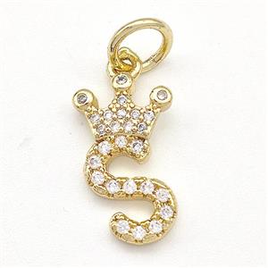 Copper Pendant Pave Zirconia Letter-S Crown Gold Plated, approx 10-14mm