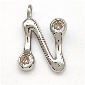 Copper Letter-N Pendant Pave Zircon Platinum Plated, approx 15-18mm