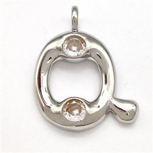 Copper Letter-Q Pendant Pave Zircon Platinum Plated, approx 15-18mm