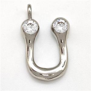 Copper Letter-U Pendant Pave Zircon Platinum Plated, approx 15-18mm