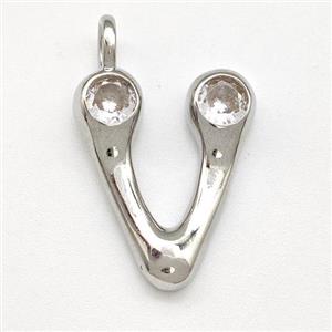 Copper Letter-V Pendant Pave Zircon Platinum Plated, approx 15-18mm