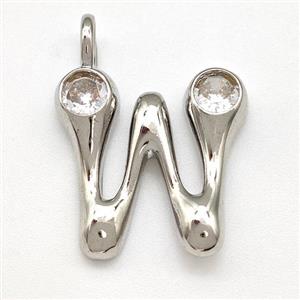 Copper Letter-W Pendant Pave Zircon Platinum Plated, approx 15-18mm