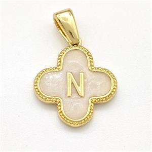 Copper Clover Pendant Letter-N Painted Gold Plated, approx 15mm