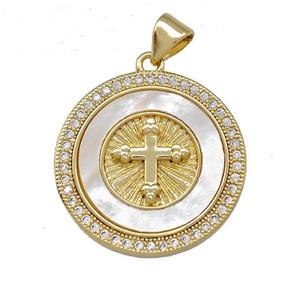 Copper Circle Pendant Pave Shell Zirconia Cross 18K Gold Plated, approx 22mm