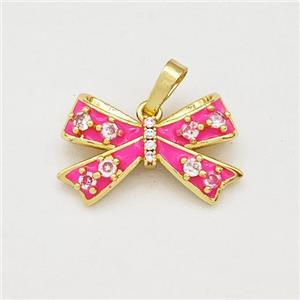 Copper Bow Pendant Pave Zirconia Hotpink Enamel Gold Plated, approx 13-20mm