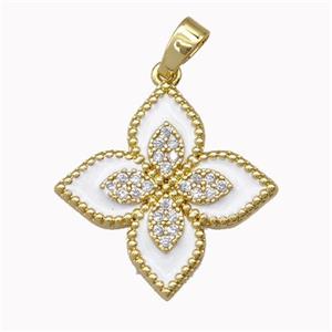 Copper Clover Pendant Micro Pave Zirconia White Enamel Gold Plated, approx 20mm