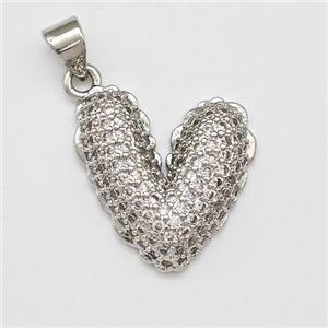 Copper Heart Pendant Micro Pave Zirconia Platinum Plated, approx 17-19mm