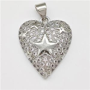 Copper Heart Pendant Micro Pave Zirconia Star Platinum Plated, approx 18-20mm