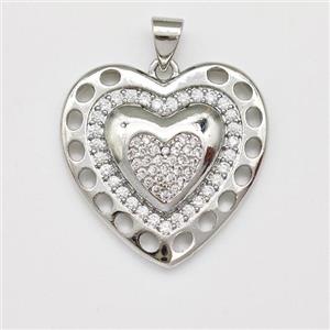 Copper Heart Pendant Micro Pave Zirconia Platinum Plated, approx 24mm