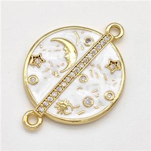 Copper Moon Star Connector Pave Zirconia White Enamel Circle Gold Plated, approx 20mm