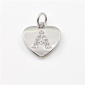 Copper Heart Pendant Pave Zirconia Letter-A Platinum Plated, approx 12mm