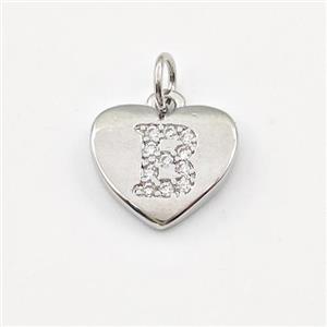 Copper Heart Pendant Pave Zirconia Letter-B Platinum Plated, approx 12mm