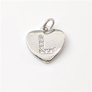 Copper Heart Pendant Pave Zirconia Letter-L Platinum Plated, approx 12mm