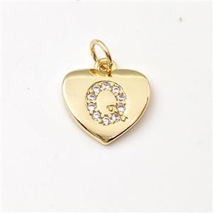 Copper Heart Pendant Pave Zirconia Letter-Q Gold Plated, approx 12mm