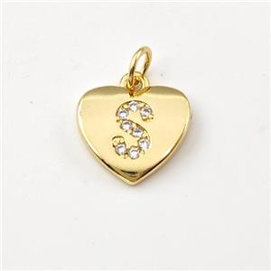 Copper Heart Pendant Pave Zirconia Letter-S Gold Plated, approx 12mm