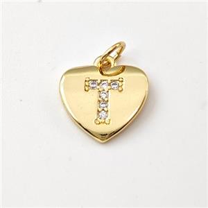 Copper Heart Pendant Pave Zirconia Letter-T Gold Plated, approx 12mm