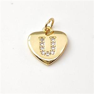 Copper Heart Pendant Pave Zirconia Letter-U Gold Plated, approx 12mm