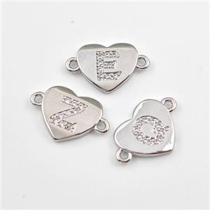 Copper Heart Alphabet Connector Pave Zirconia Mixed Letters Platinum Plated, approx 12mm