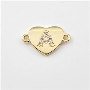 Copper Heart Connector Pave Zirconia Letter-A Gold Plated, approx 12mm