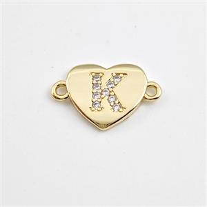 Copper Heart Connector Pave Zirconia Letter-K Gold Plated, approx 12mm