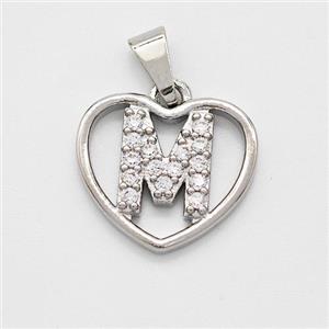 Copper Heart Pendant Pave Zirconia Letter-M Platinum Plated, approx 16mm