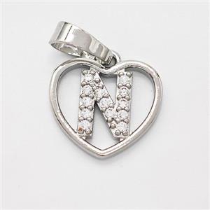 Copper Heart Pendant Pave Zirconia Letter-N Platinum Plated, approx 16mm