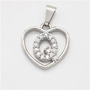 Copper Heart Pendant Pave Zirconia Letter-Q Platinum Plated, approx 16mm