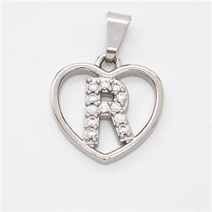 Copper Heart Pendant Pave Zirconia Letter-R Platinum Plated, approx 16mm