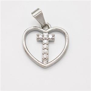 Copper Heart Pendant Pave Zirconia Letter-T Platinum Plated, approx 16mm