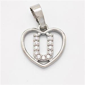 Copper Heart Pendant Pave Zirconia Letter-U Platinum Plated, approx 16mm