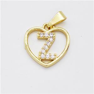 Copper Heart Pendant Pave Zirconia Letter-Z Gold Plated, approx 16mm