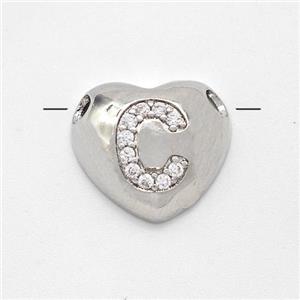 Copper Heart Pendant Pave Zirconia Letter-C Large Hole Platinum Plated, approx 16mm, 3mm hole