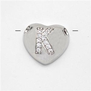 Copper Heart Pendant Pave Zirconia Letter-K Large Hole Platinum Plated, approx 16mm, 3mm hole